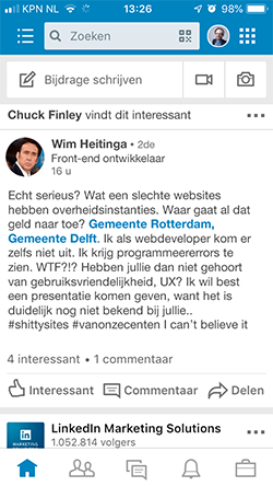 Screenshot van een kritisch linkedin-commentaar van een front-ender. Tekst: "Echt serieus? Wat een slechte websites hebben overheidsinstanties. Waar gaat al dat geld naar toe? Gemeente Rotterdam, Gemeente Delft. Ik als webdeveloper kom er zelfs niet uit. Ik krijg programmeererrors te zien. WTF?!? Hebben jullie dan niet gehoort van gebruiksvriendelijkheid, UX? Ik wil best een presentatie komen geven, want het is duidelijk nog niet bekend bij jullie.. #shittysites #vanonzecenten I can’t believe it"