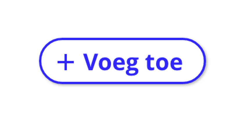Ontwerp van een button. Een ovale witte knop met een blauwe rand. In de button een plus-icoon en de tekst Voeg toe
